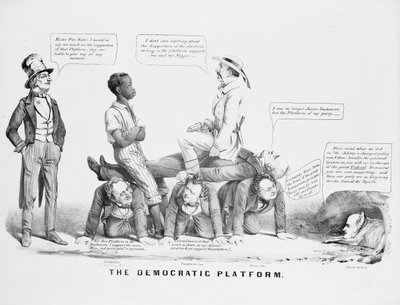 Politická karikatura „Demokratická platforma“ komentující postavení Demokratické strany na otroctví, kolem roku 1856 od American School