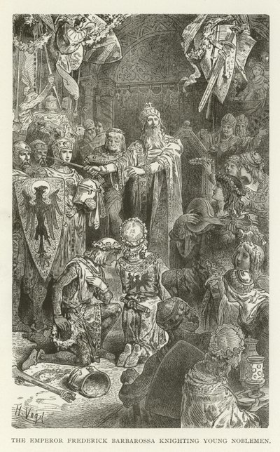 Císař Frederick Barbarossa pasující mladé šlechtice na rytíře od American School
