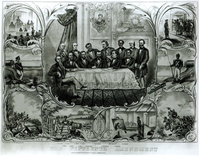 Patnáctý dodatek, podepsaný prezidentem Ulyssesem S. Grantem (1822-85) března 1870 (litho) (černobílá fotografie) od American School