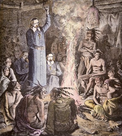 Francouzský jezuitský misionář Brebeuf mezi Algonkiny (barva lito) od American School