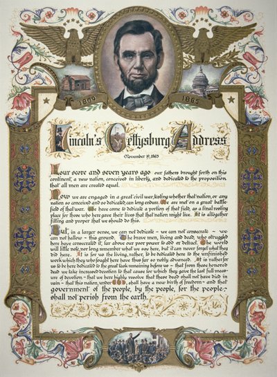 Gettysburg Address, pronesený Abraham Lincoln (1809-65) od American School