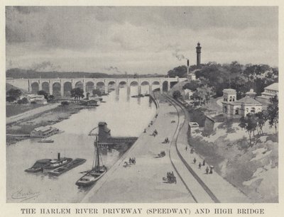 Příjezdová cesta Harlem River (Speedway) a High Bridge (černobílá fotografie) od American School