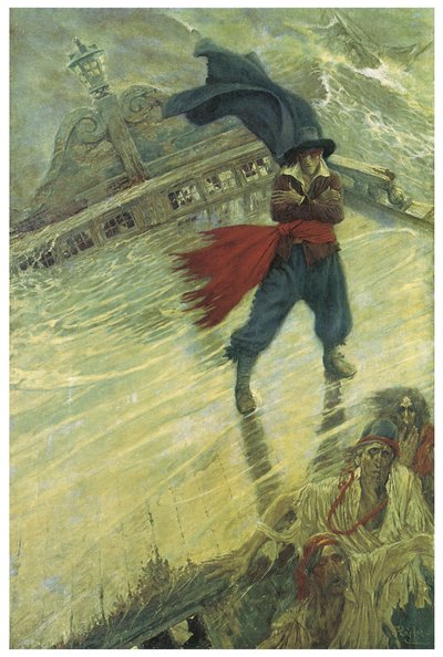 Legenda o lodi duchů aneb létající Holanďan: nizozemský velitel, který by chtěl zkusit osud, by byl odsouzen k tomu, aby navždy bloudil na své lodi a přinášel neštěstí lodím křižujícím jeho trasu Ilustrace Howarda Pylea (1853-1911) z Colliers
