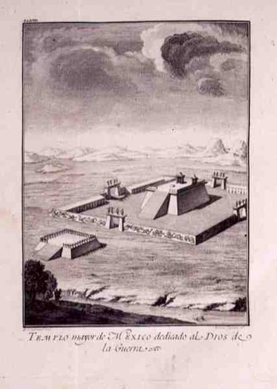 Hlavní chrám Mexika, zasvěcený bohům války, od Antonia de Solis y Rivadeneira Solise „Historie dobytí Mexika“ 1783-84 (rytá deska) od American School