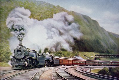 The New York to Chicago Express v Horse-Shoe Curve, Alleghany, kolem roku 1930 (barevné lito) od American School