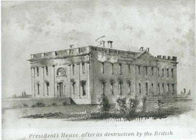 Prezidentův dům po jeho zničení Brity, z Wattersonova „Nového průvodce Washingtonem“ od American School