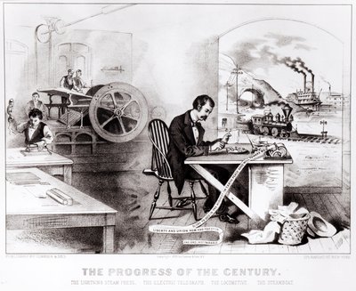 Pokrok století: Bleskový parní lis, Elektrický telegraf, Lokomotiva a Parník, hospoda. od Currier & Ives, 1876 od American School