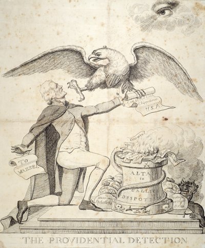 Prozřetelnostní detekce, karikatura zobrazující Thomase Jeffersona (1743-1826) snažícího se zničit ústavu od American School