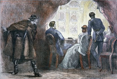 Atentát na Abrahama Lincolna (1809-65) v lóži Fordova divadla, 14. dubna 1865 (barevné lito) od American School