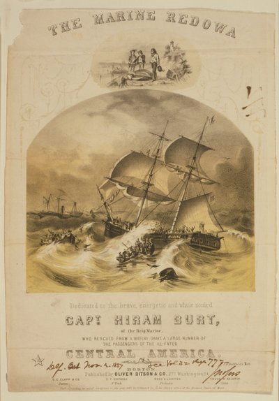 Briga Marine zachraňující cestující v záchranných člunech z parníku SS Central America poté, co ji v září 1857 zastihl hurikán u Karolíny. Přes 550 se utopilo a bylo ztraceno 30 000 liber (14 000 kg) kalifornského zlata. od American School