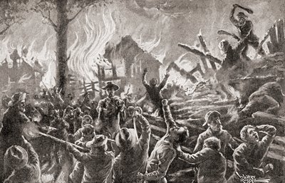 Občanská válka v Kansasu aka Bleeding Kansas, Bloody Kansas nebo Border War, z „Dějiny naší země“, vydané v roce 1905 (litho) od American School