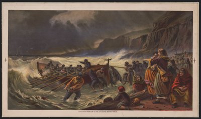 Odjezd, spuštění záchranného člunu, kolem roku 1878 (chromolitograf) od American School