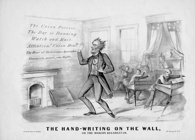 Ruční písmo na zdi, nebo, Moderní Belshazzar, vydané Currier & Ives, New York, kolem roku 1864 od American School