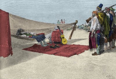 Pirát Sir Henry Morgan verbující muže pro útok v Panamě kolem roku 1670. “” Kniha pirátů Buccaneers and Marooners of the Spanish Main”” od Howarda Pylea od American School