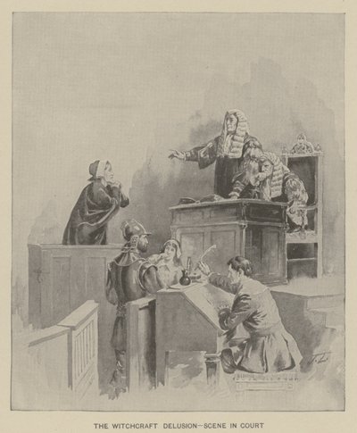 Čarodějnický blud - scéna u soudu (litografie) od American School
