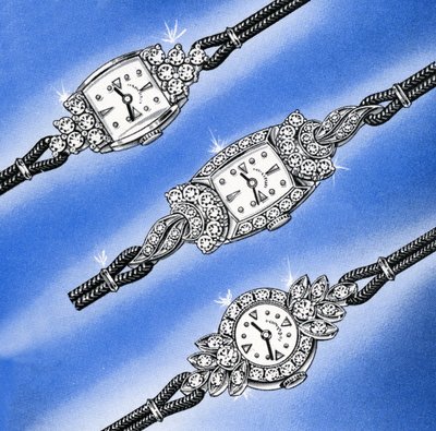 Tři dámské hodinky z bílého zlata a diamantu od American School