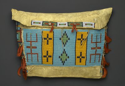 Tipi Bag, z oblasti Plains, cca 1860-1900 (kůže, korálky, kov a koňské žíně) od American School