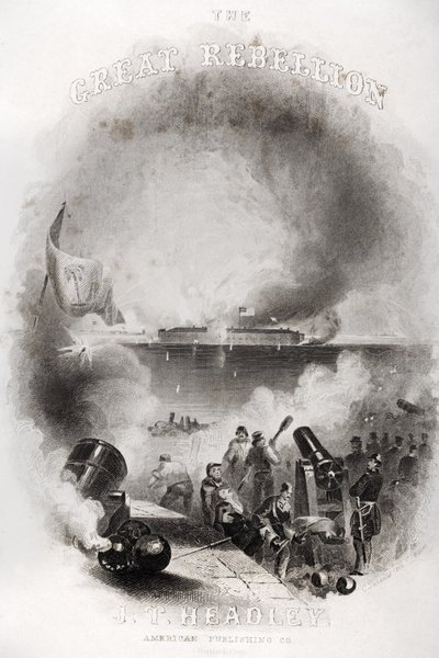 Ilustrace na titulní straně Útok na Fort Sumter v roce 1861, z „Velkého povstání“ od J.T. Headley, publikoval 1866 od American School