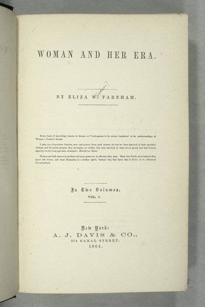 Titulní strana Ženy a její éra od Elizy Wood Farnham (1815-64) vydaná v New Yorku, 1864 (tisk) od American School