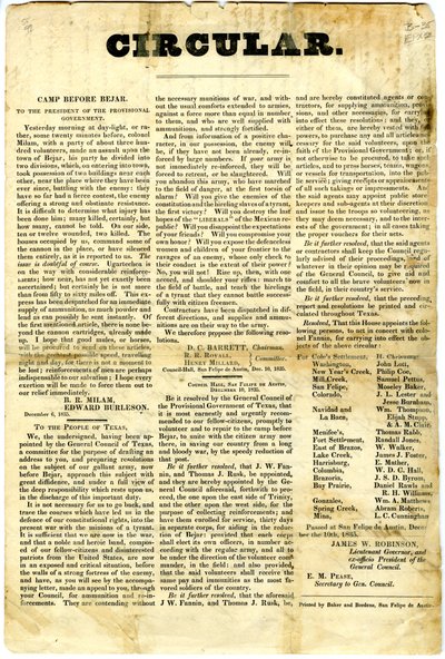 To The People of Texas re: obležení mexické posádky v San Antonio de Bexar, 10. prosince 1835 od American School