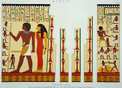 Hrobka 24, hrobová komora č. 2, z Gizehu, svazek II, deska XV z knihy Ancient Egypt od Samuela Augusta Biniona, vydané roku 1887 (tónovaná chromolitografie) od American School