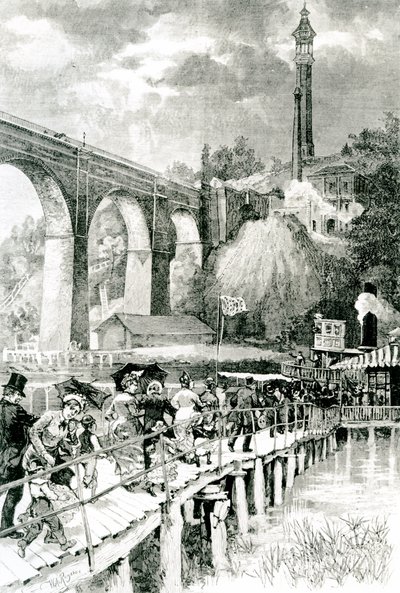 Turisté vracející se ke svému parníku na řece Harlem, s High Bridge na levé straně, vyryto W.A Rogersem pro Harpers Weekly, 24. července 1880 od American School