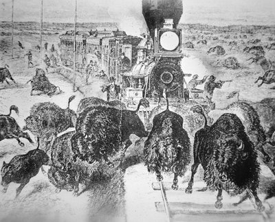 Vlak cestující na Kansas Pacific Railroad, střelba na buvoly pro sport v 70. letech 19. století (litho) od American School