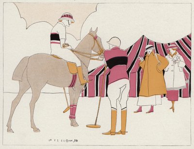 Dva páry v pólo klubu, scéna z povídky A Vassal To Art od J. A. Waldrona (barevná litografie) od American School