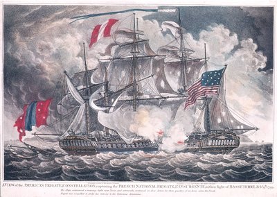 US Fregate Constellation zachycuje LInsurgente v Západní Indii v bitvě u Basseterre, 9. února 1799, publikováno v roce 1800 od American School