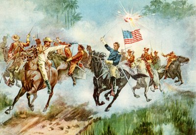 Američtí jezdci dupou na španělskou základnu na Kubě během španělsko-americké války v roce 1898. od American School
