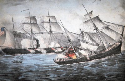Americká šalupa „Kearsage“ potápí Confederate Raider „Alabama“ u Cherbourgu od American School