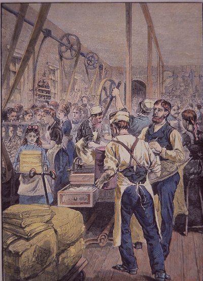 Textilní průmysl USA, textilní továrna na severu, kolem roku 1870 (barevné rytí) od American School