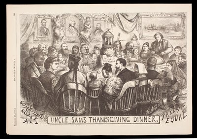 Rytina „Uncle Sam’s Thanksgiving Dinner“ od Thomase Nasta, Harper’s Weekly, 20. listopadu od American School