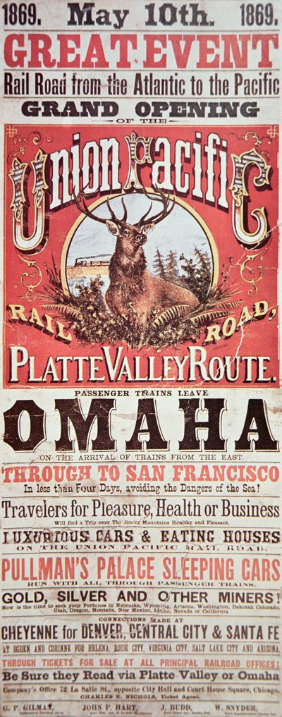 Plakát Union Pacific Railroad propagující první transkontinentální železnici napříč USA od American School
