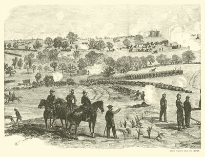 Pozice unie blízko centra, bitva u Gettysburgu, 2. července, červenec 1863 od American School