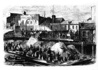 Tuláci vybírají hadry na prodej na skládce odpadu na Beach Street, New York, kolem roku 1870 od American School