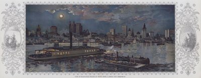 Pohled na ostrov Manhattan v noci z trajektu v Jersey City (barevná litografie) od American School