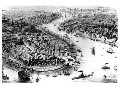 Pohled na Manhattan a East River Bay od American School
