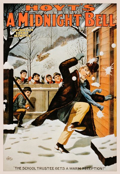 Vintage plakát chlapců házících muže sněhovými koulemi, 1890-99 od American School
