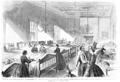 Dobrovolné sestry pečující o nemocné v americké všeobecné nemocnici v Georgetownu, z Frank Leslies Illustrated Newspaper, 6. července 1861 od American School