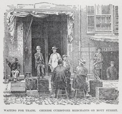 Čekání na obchod, čínští obchodníci s obrubníky na Mott Street (litho) od American School
