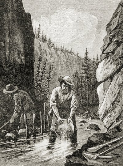 Vymývání zlata, z „Stručné historie Spojených států“, vydaného A. S. Barnes und Co. v roce 1885 od American School