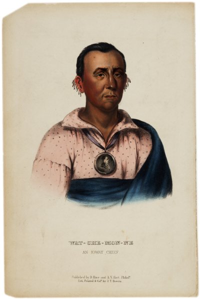 Wat-Che-Mon-Ne, Ioway Chief, tisk vytvořil J. T. Bowen, ilustrace z Historie indiánských kmenů Severní Ameriky od Thomase L. McKenneyho a Jamese Halla, kolem 1842-70 od American School
