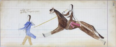 Bílý muž se částečně změnil na indián, ilustrace z knihy Black Horse Ledger, 1877-79 (tužka a pastelka na papíře) od American School