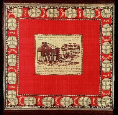 William Henry Harrison vítá dva staré kamarády v Log Cabin, 1840 (hedvábí) od American School
