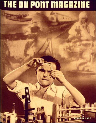 Mladý chlapec se sadou chemie, přední strana časopisu DuPont Magazine, říjen 1937 od American School