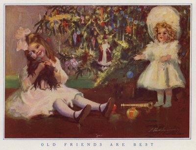 Mladá dívka drží svou starou panenku místo nové, kterou dostala k Vánocům (barevná litografie) od American School