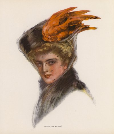 Mladá žena v klobouku s oranžovým peřím (barevná litografie) od American School