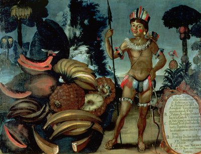 Yumbo Indian ze sousedství Quito, Ekvádor, s různými druhy ovoce a stromů (olej na plátně) od American School