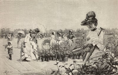 Naiset kävelemässä Brerassa, Milanossa, Italiassa, kaiverrus Amerino Cagnonin (1853-1923) Maggio (toukokuu) -maalauksesta, L